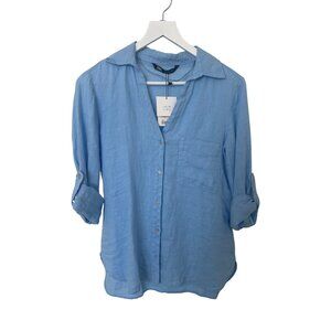 Zara Light Blue 100% Linen Button-Up Shirt With Roll Tab Sleeves & Front Pocket